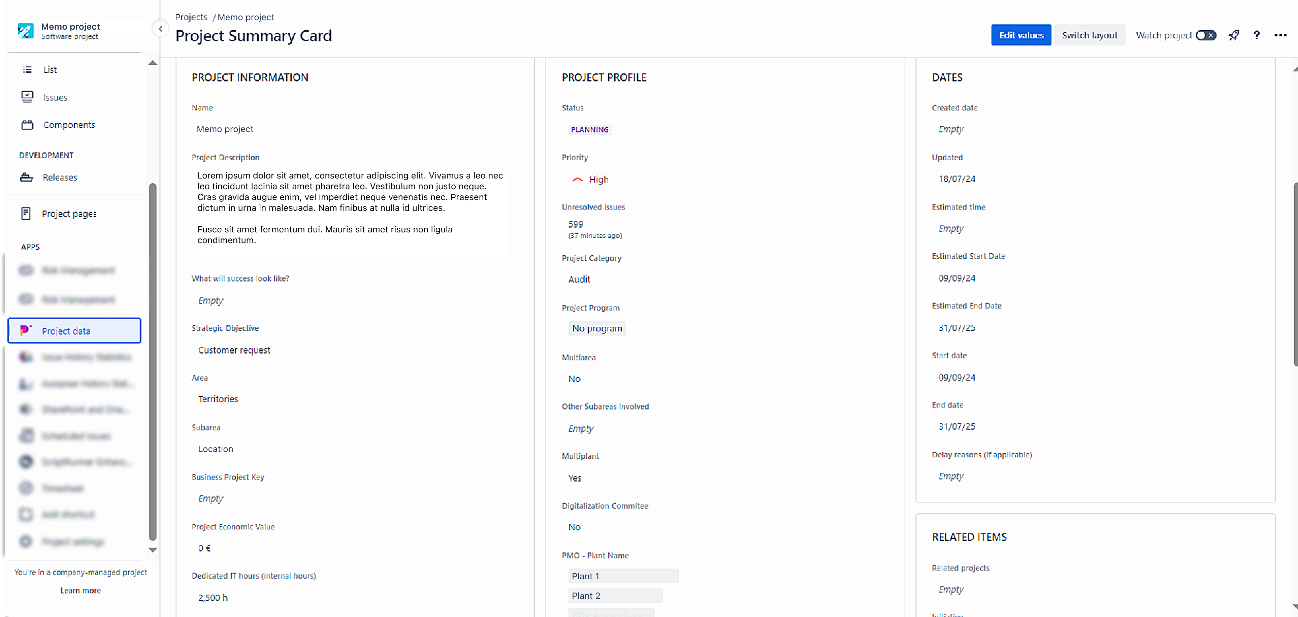 Projectrak 's project layouts