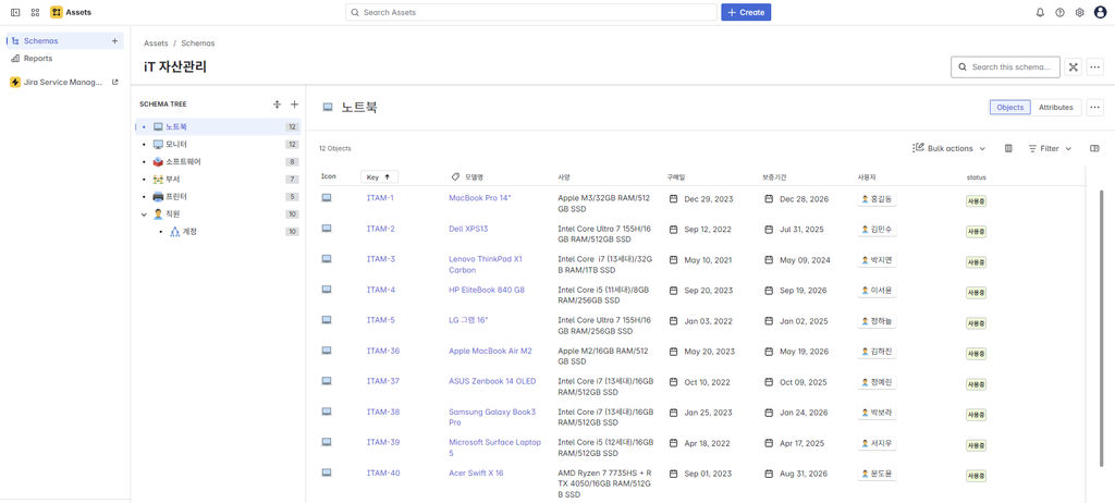 Atlassian Assets Object(객체) 화면