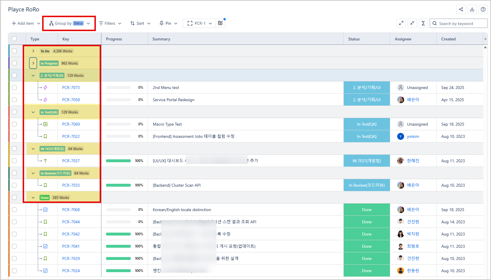 Flexible Project Management의 Status 기준으로 그룹화된 뷰