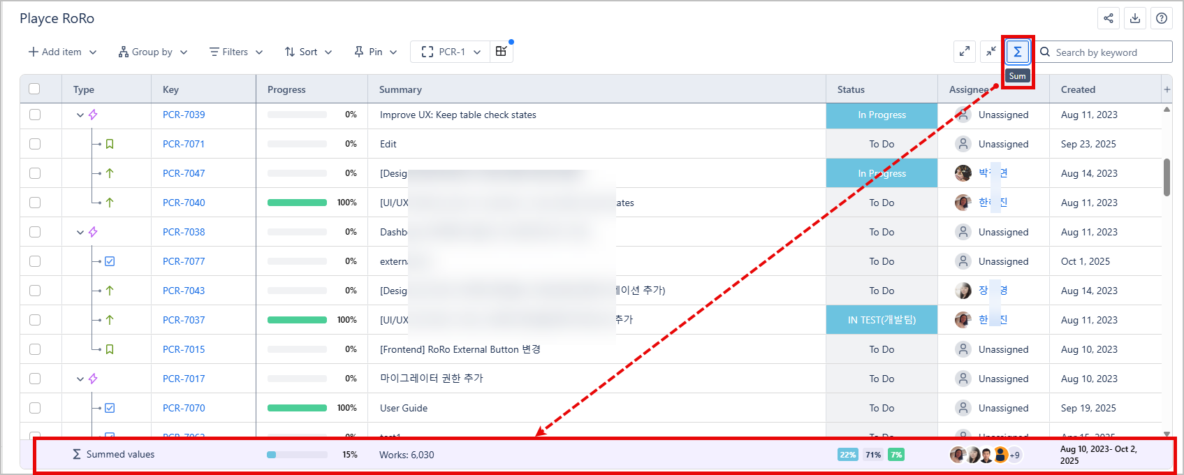 Flexible Project Management의 에픽 단위로 그룹화된 상태에서 Summed values