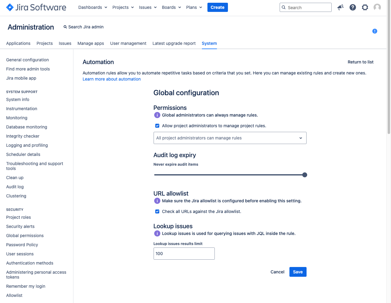 Jira Automation 전역 설정 - 프로젝트 관리자 규칙 생성 권한 제한 화면